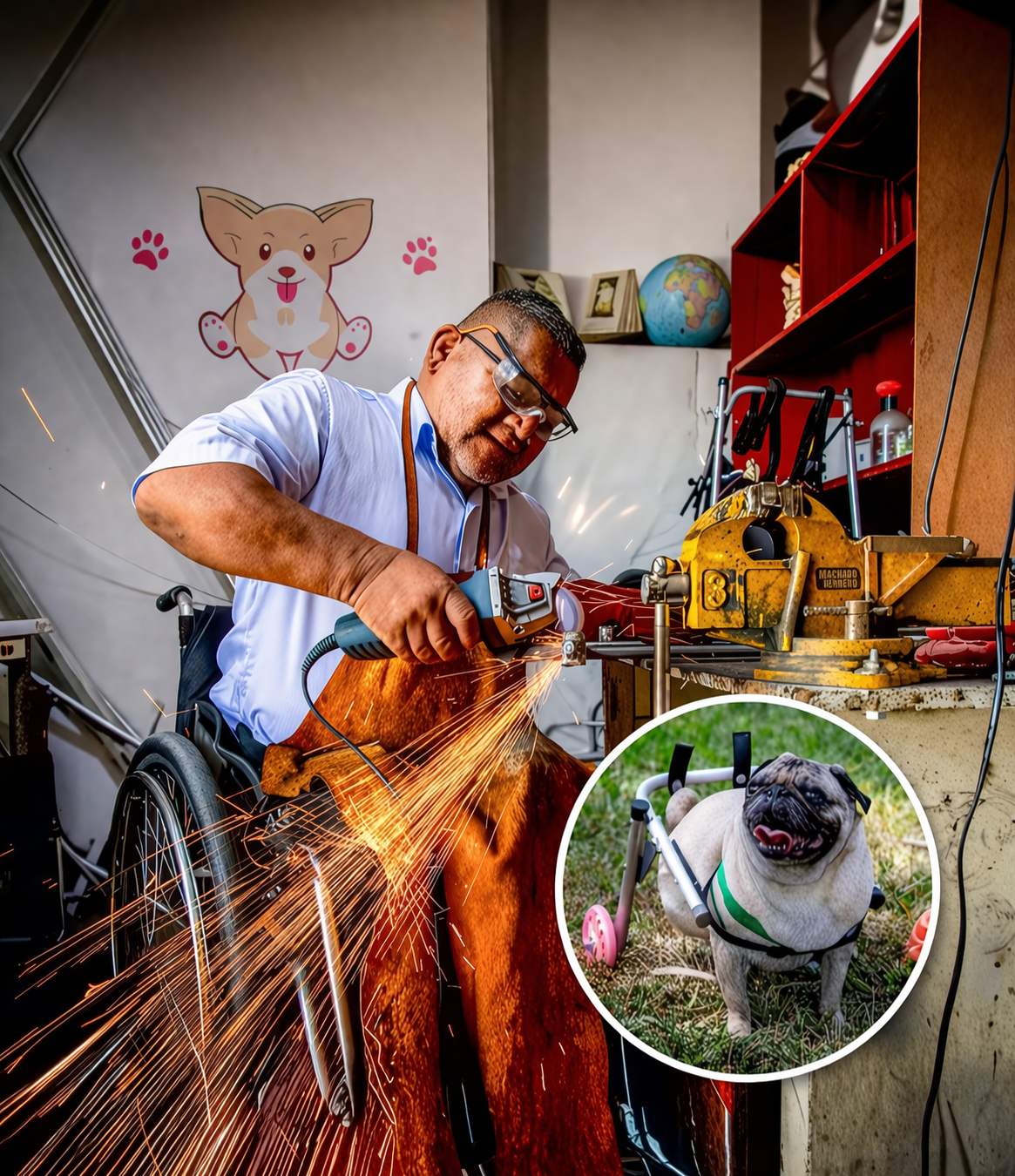 Persona fabricando una silla de ruedas para mascotas